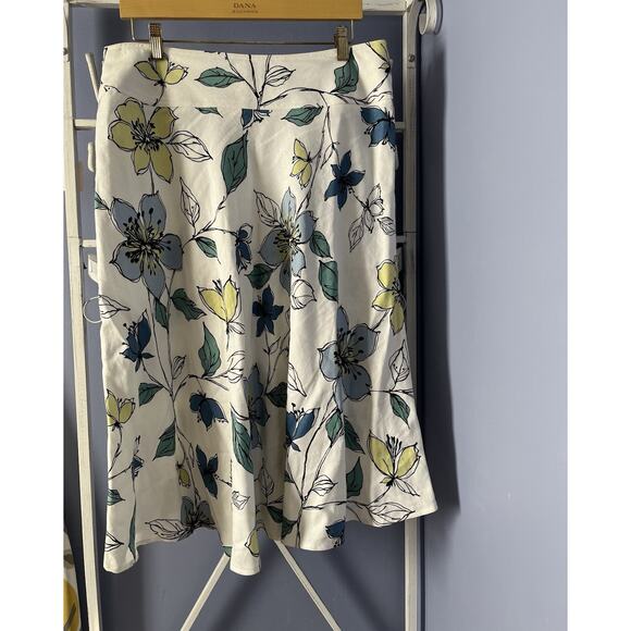 Emma James White/Blue Floral Print Linen Blend A-Line Skirt Size 14 Petite - Picture 1 of 6